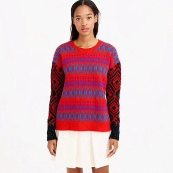 J. Crew Sweaters - J. Crew Women’s Diamond Fair Isle Sweater Red Lambswool Size XS Cozy Nordic Ski